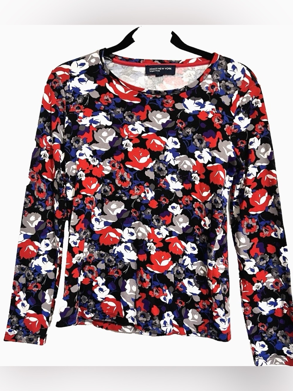 Jones New York Red Multi Floral Long-Sleeve 100% Cotton Top